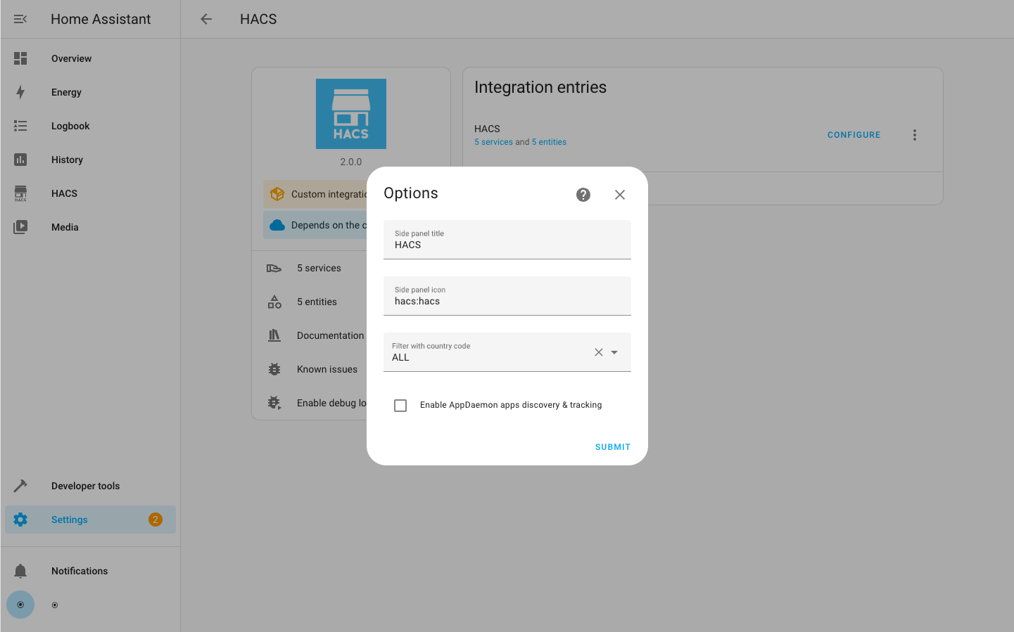 Screenshot of the HACS configuration options dialog